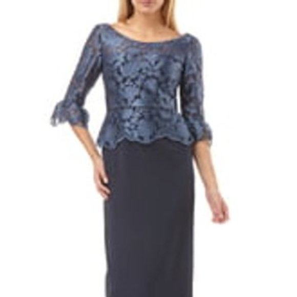 JS Collections Embroidered Mesh Peplum Gown - Picture 1 of 7